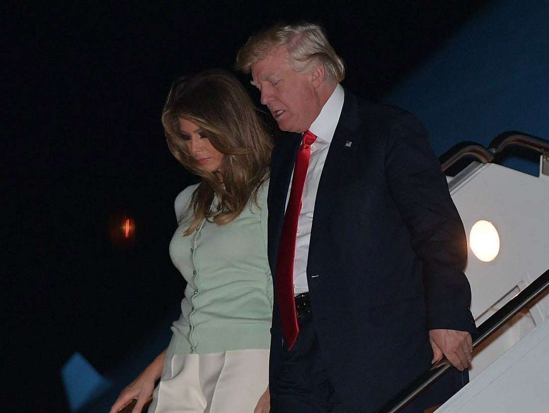 President Trump and wife Melania step off Air Force One May 27, 2017 at Andrews Air Force Base in Maryland following his nine-day foreign trip, on which he was described as 