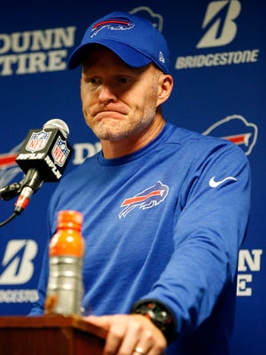 Buffalo Bills head coach Sean McDermott talks to reporters after an NFL football game against the New York Jets, Friday, Nov. 3, 2017, in East Rutherford, N.J. The Jets won 34-21. (AP Photo/Kathy Willens)