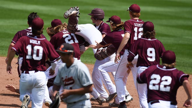 Newman Catholic celebrates their win on Saturday, August 1, 2015, during the 1-A state baseball finals.