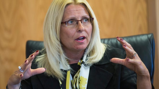 Sharon Helman, medical center director, reacts to allegations during an interview at the Phoenix VA Medical Center in Phoenix April 22, 2014.