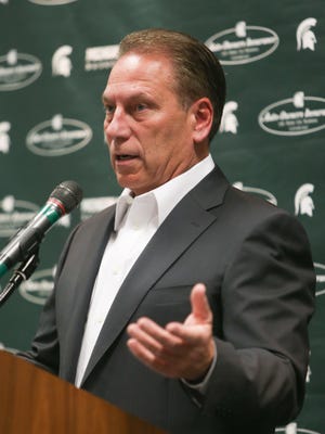 Michigan State basketball coach Tom Izzo talks with reporters Oct. 27, 2015, at the Breslin Center in East Lansing.