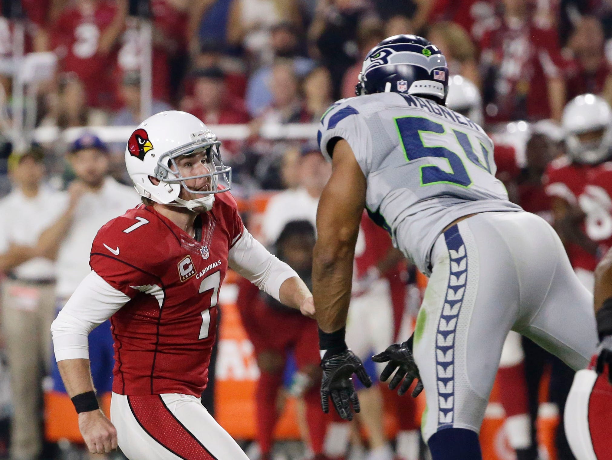 Arizona Cardinals kicker Chandler Catanzaro has his field goal attempt blocked by Seattle Seahawks linebacker Bobby Wagner on Oct. 23, 2016 in Glendale, AZ.