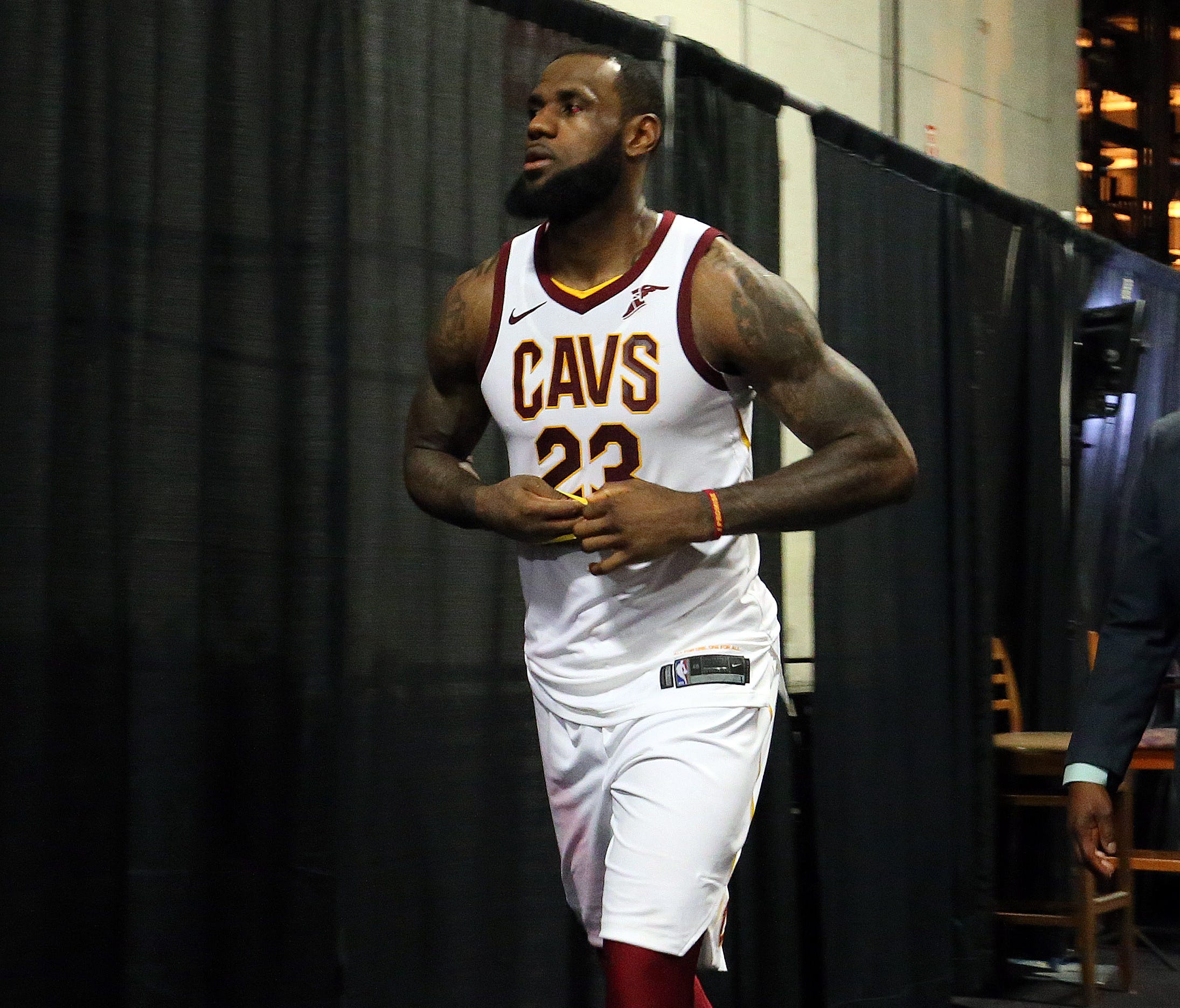 Cleveland Cavaliers forward LeBron James reacts following the 122-103 loss in Game 2.