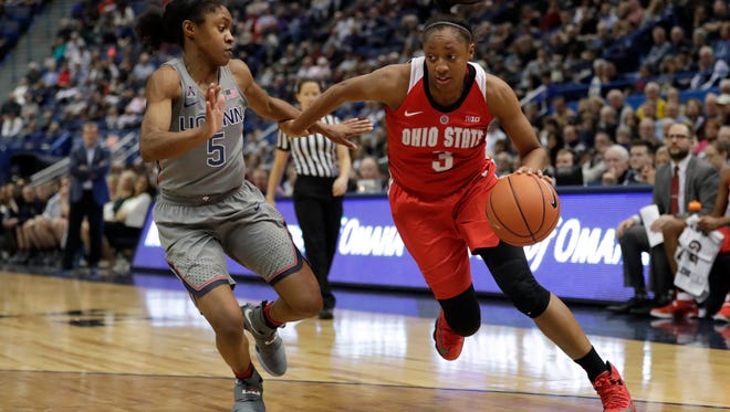 Ohio State Buckeyes guard Kelsey Mitchell (3) moves the ball against Connecticut Huskies guard Crystal Dangerfield (5) in the second half at XL Center in December.