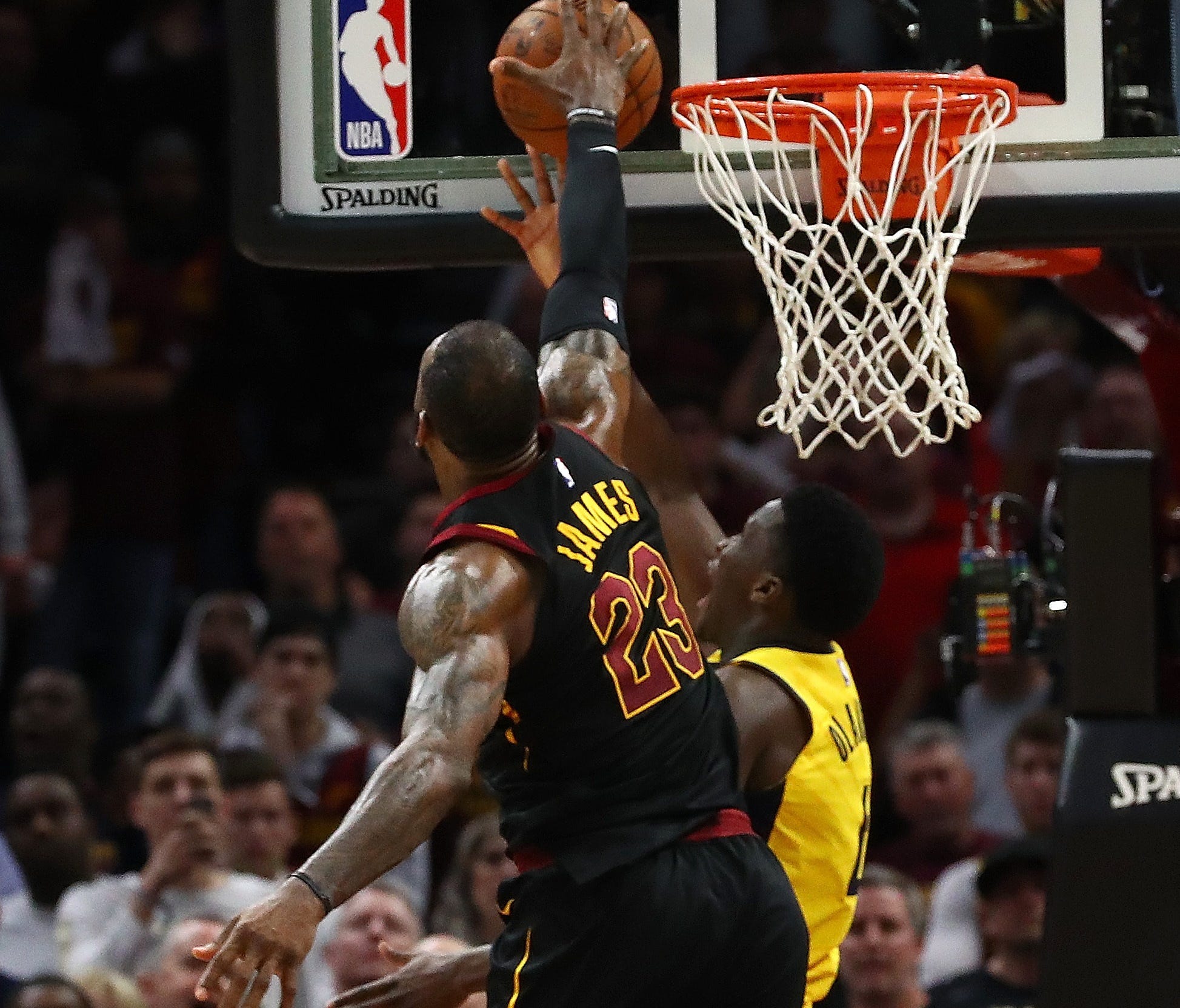 LeBron James blocks Victor Oladipo in the closing seconds of Game 5.