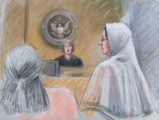 A courtroom sketch shows U.S. Magistrate Judge Mona