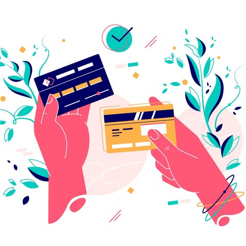 Two illustrated hands holding credit cards.