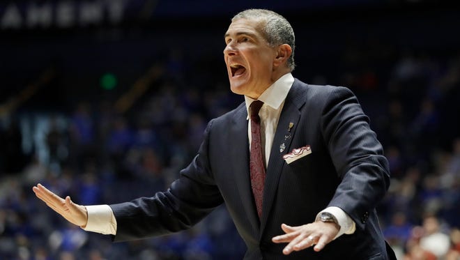 South Carolina head coach Frank Martin yells to his players during the second half of an NCAA college basketball game against Alabama at the Southeastern Conference tournament Friday, March 10, 2017, in Nashville, Tenn. Alabama won 64-53.