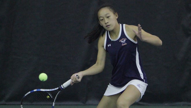 Briarcliff's Rebecca Lim hits a forehand shot during the 2016 Section 1 Tennis Tournament finals at Sound Shore Indoor Tennis in Port Chester on Sunday, Oct. 23rd, 2016.