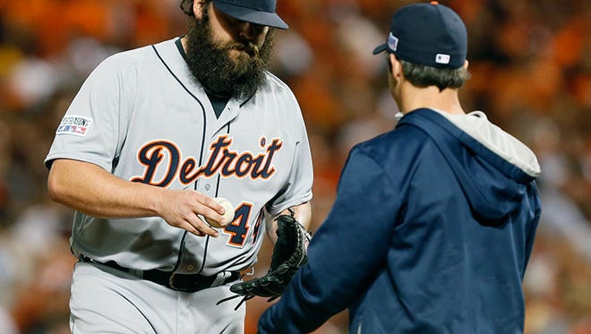 Tigers pitcher Joba Chamberlain gets taken out of the game by manager Brad Ausmus Thursday in Baltimore.