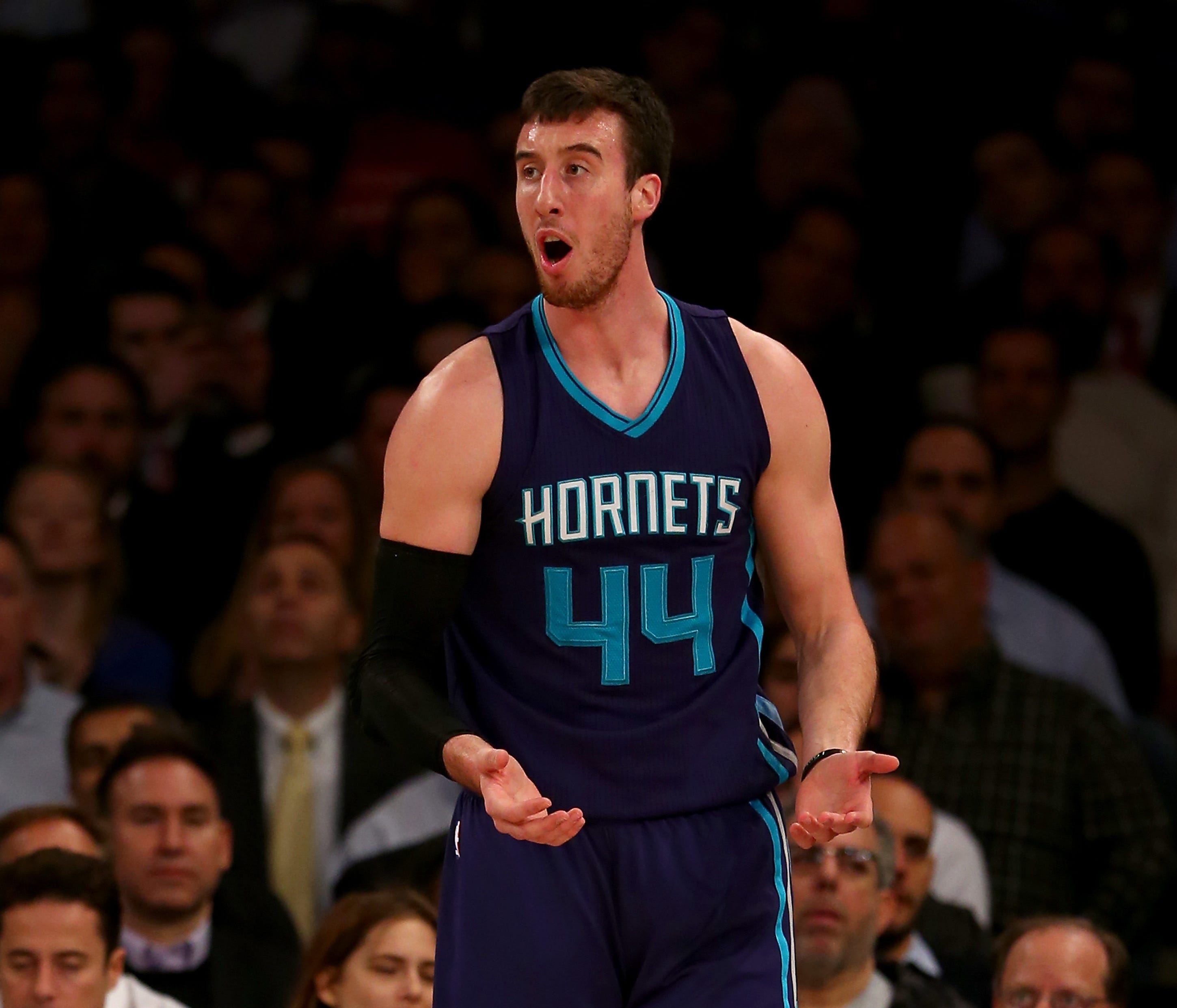 NEW YORK, NY - NOVEMBER 17:  Frank Kaminsky III #44 of the Charlotte Hornets reacts after he is called for a foul in the first half against the New York Knicks at Madison Square Garden on November 17, 2015 in New York City.NOTE TO USER: User expressl