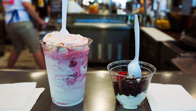 Caliche's Frozen Custard has a large selection of cold and hot treats. Pictured: Strawberry Cheesecake Caliche and a Kiddie Chocolate Chip Sundae.