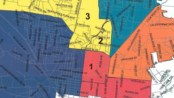 A map of the proposed Murfreesboro City Schools rezoning plan includes the Northfield Elementary School zone in yellow, the John Pittard Elementary School zone in green, the Reeves-Rogers Elementary School zone in orange, the Hobgood Elementary School zone in red and the Mitchell-Neilson Schools zone in blue. Areas one, two and three would be rezoned under the proposal.