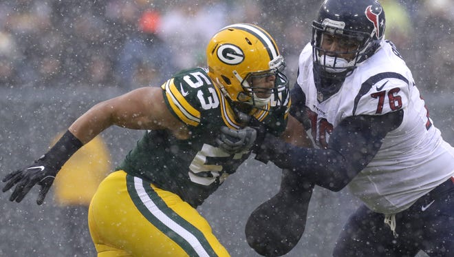 Green Bay Packers outside linebacker Nick Perry (53) is blocked by Houston Texans tackle Duane Brown (76) during the third quarter of their game Sunday, December 4, 2016 at Lambeau Field in Green Bay, Wis. The  Green Bay Packers beat the Houston Texans 21-13.

MARK  HOFFMAN/MHOFFMAN@JOURNALSENTINEL.COM