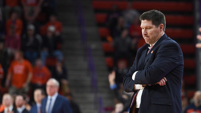 Clemson head coach Brad Brownell reacts as the Tigers play Syracuse during the 2nd half on Tuesday, February 7,  2017 at Clemson's Littlejohn Coliseum.