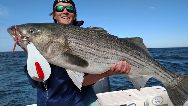 Jack Tomkiel, 16 of Brielle, and member of the Manaquan High School Fishing Club, caught this 40-pound bass off Manasquan with Capt. Jim Freda.