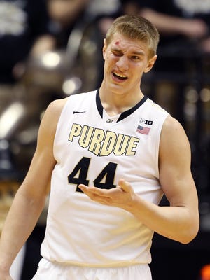 Feb 26, 2015; West Lafayette, IN, USA; Purdue Boilermakers center Isaac Haas (44) reacts after getting a cut above his eye in a game against the Rutgers Scarlet Knights at Mackey Arena. Mandatory Credit: Brian Spurlock-USA TODAY Sports
