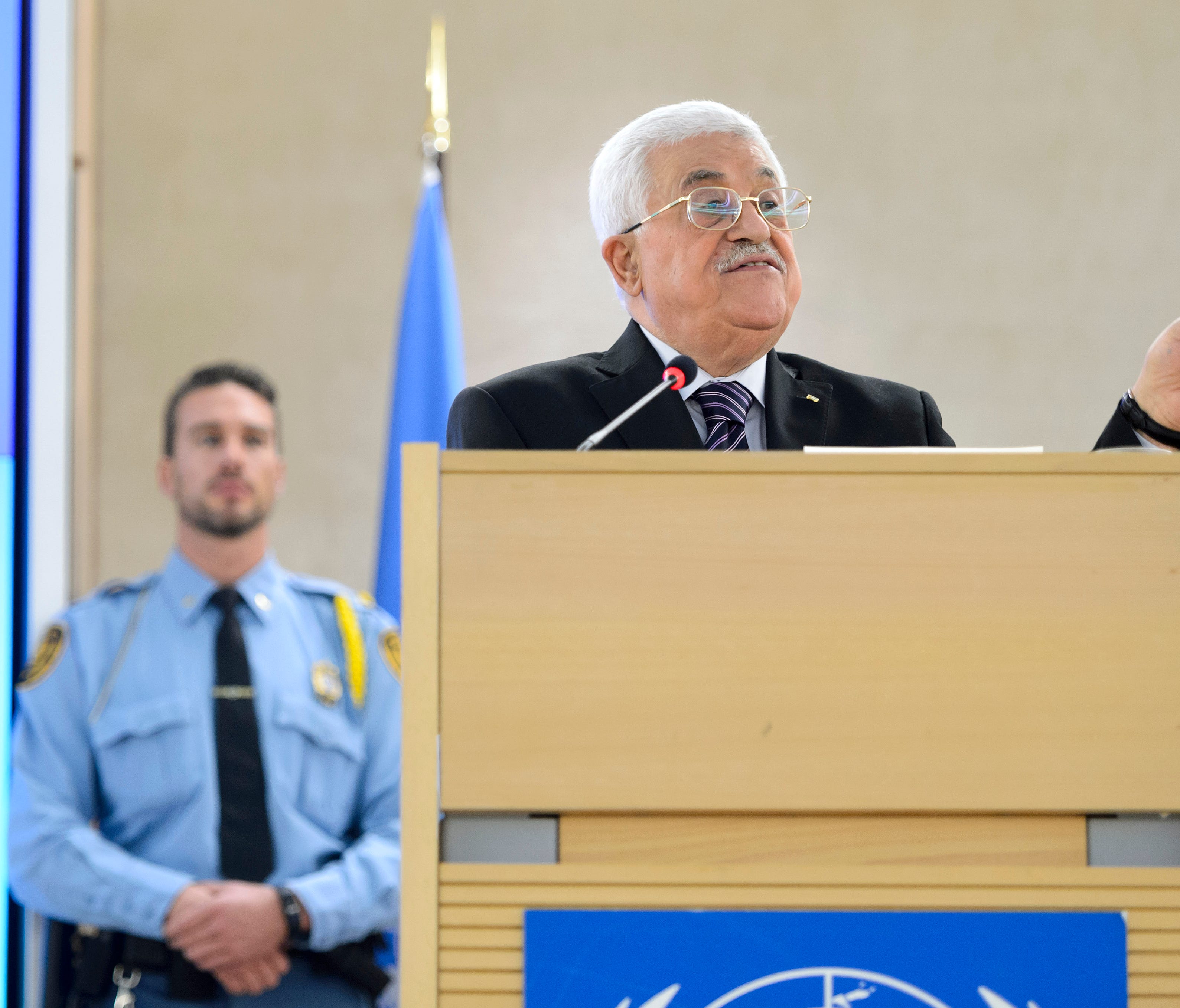 Palestinian President Mahmoud Abbas addresses the UN Human Rights Council during a meeting at the European headquarters of the United Nations, in Geneva, Switzerland on Wednesday Oct. 28, 2015.