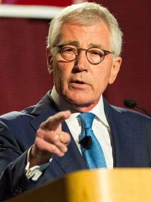 Churck Hagel, former U.S. secretary of defense and former U.S. senator from Nebraska, speaks during the Domenici Public Policy Conference on Wednesday, Sept. 14, 2016, at the Las Cruces Convention Center.