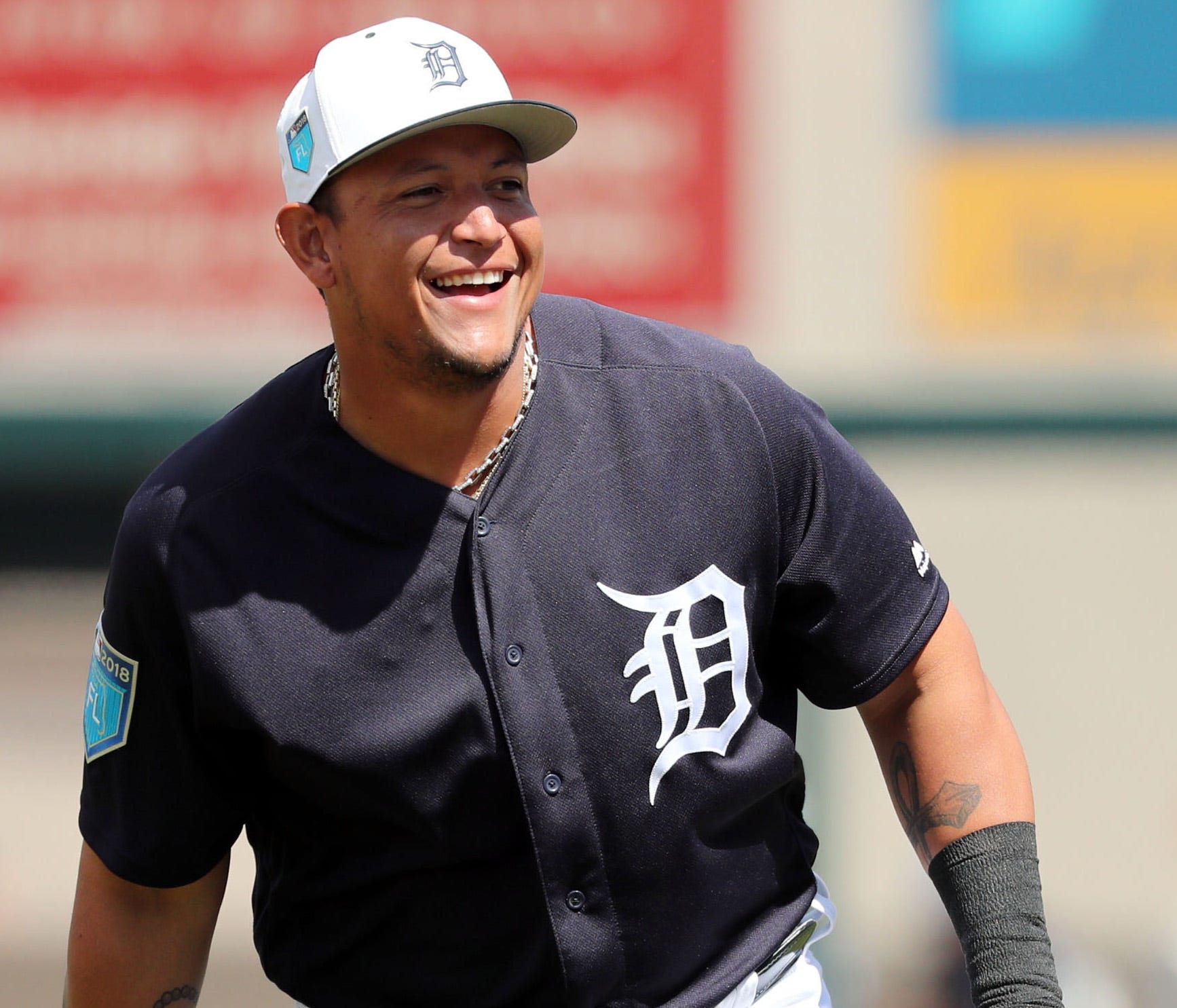 Mar 7, 2018; Lakeland, FL, USA; Detroit Tigers first baseman Miguel Cabrera (24) smiles prior to the game against the Toronto Blue Jays at Publix Field at Joker Marchant Stadium. Mandatory Credit: Kim Klement-USA TODAY Sports