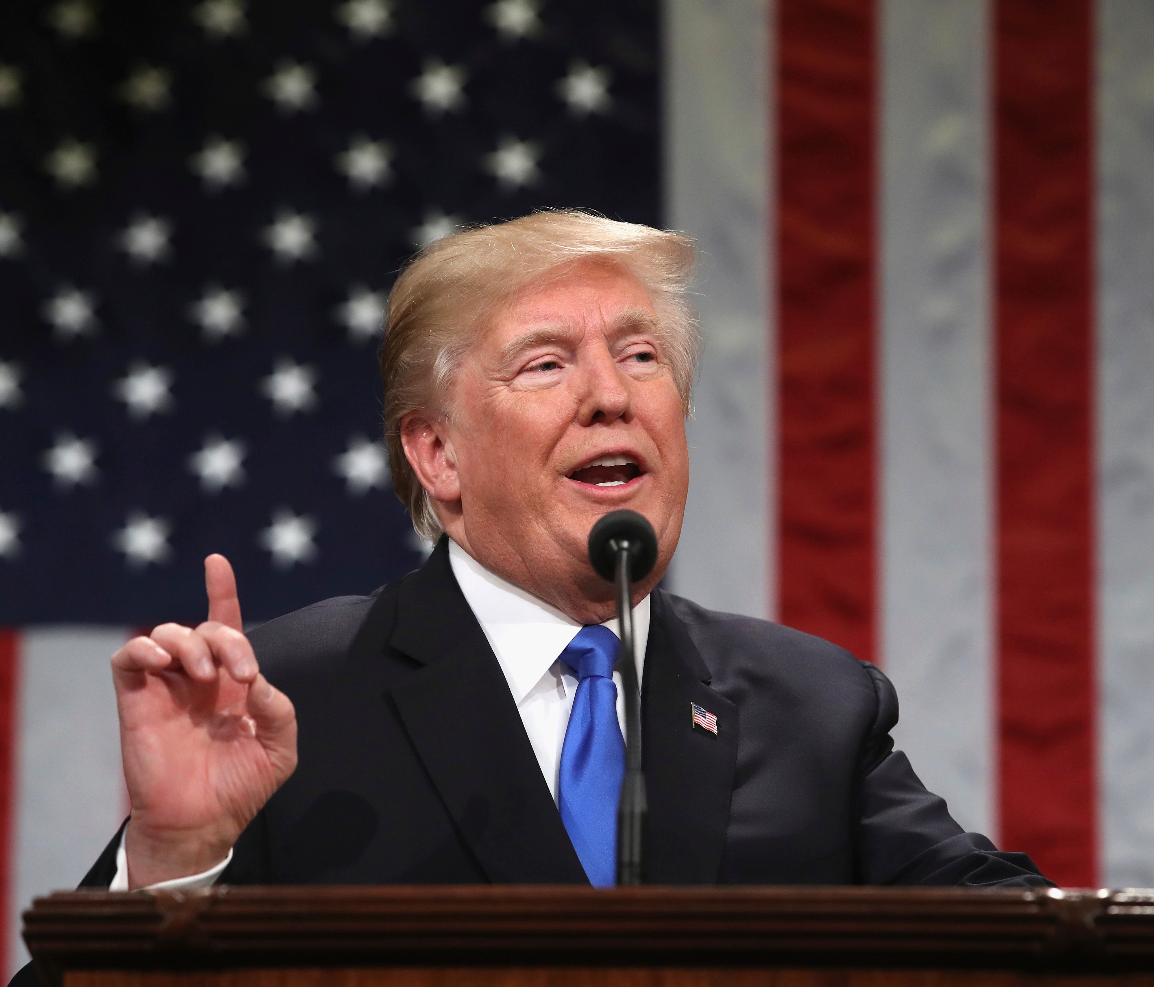 President Donald Trump delivers his first State of the Union address in the House chamber of the U.S. Capitol to a joint session of Congress Tuesday, Jan. 30, 2018 in Washington. (Win McNamee/Pool via AP)