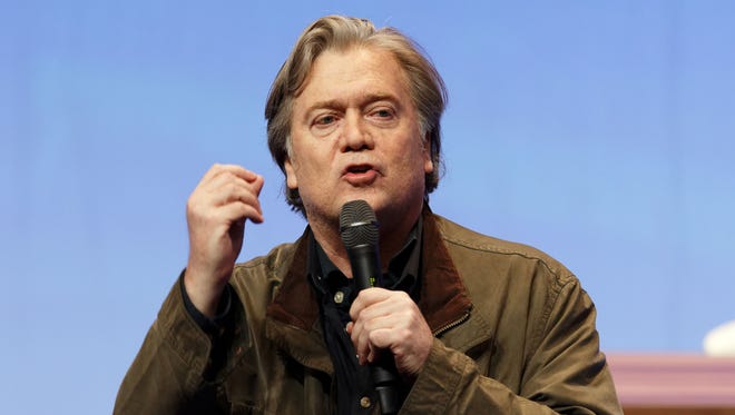 Former White House adviser Steve Bannon delivers a speech during the French far-right Front National (FN) party annual congress on March 10, 2018 in Lille, France.