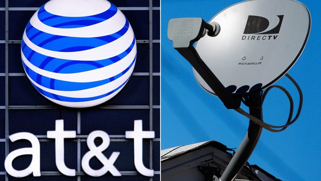 FILE - This file combo made from file photos shows the AT&T logo on the side of a corporate office in Springfield, Ill., left, and a DirecTV satellite dish atop a home in Los Angeles. AT&T on Monday, Aug. 3, 2015 is unveiling a new package that combines traditional TV and wireless services as it seeks to broaden its offerings following its $48.5 billion purchase of satellite TV company DirecTV about a week ago. (AP Photo/File)