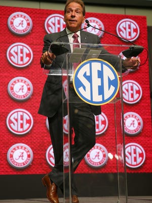 NCAA college football head coach Nick Saban of Alabama speaks during the Southeastern Conference Media Days before speaking Wednesday, July 18, 2018, in Atlanta. (AP Photo/John Bazemore)
