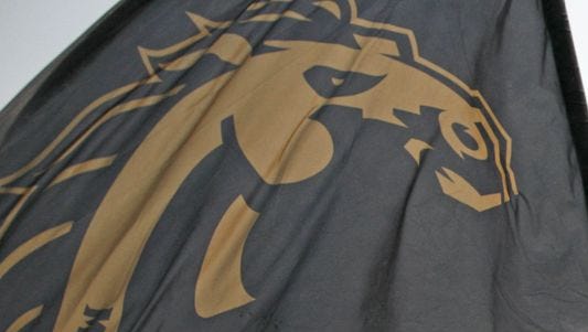 The Western Michigan Broncos flag is waved during a November game in 2015