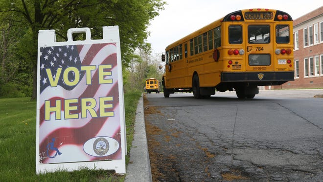 A "Vote Here" sign is displayed at Wappingers Junior High School on May 15, 2018
