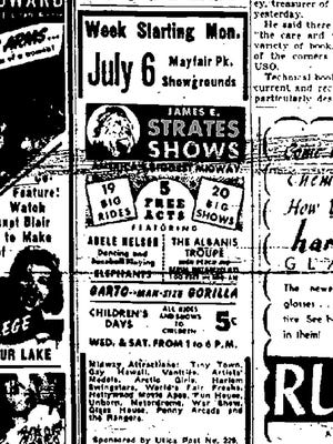 This advertisement for the James E. Strates shows is from a 1942 Utica Observer newspaper.