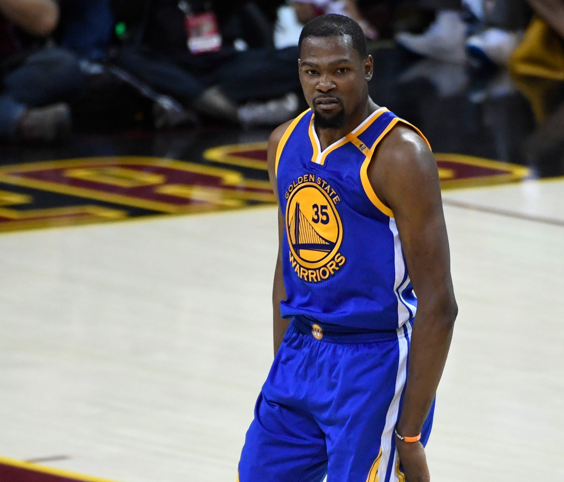 Kevin Durant celebrates after making a three-point basket during the fourth quarter in Game 3 of the 2017 NBA Finals.