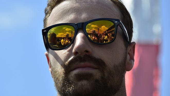 IndyCar driver James Hinchcliffe (5) before the start of the 100th running of the Indianapolis 500 Sunday, May 29, 2016, afternoon at the Indianapolis Motor Speedway.