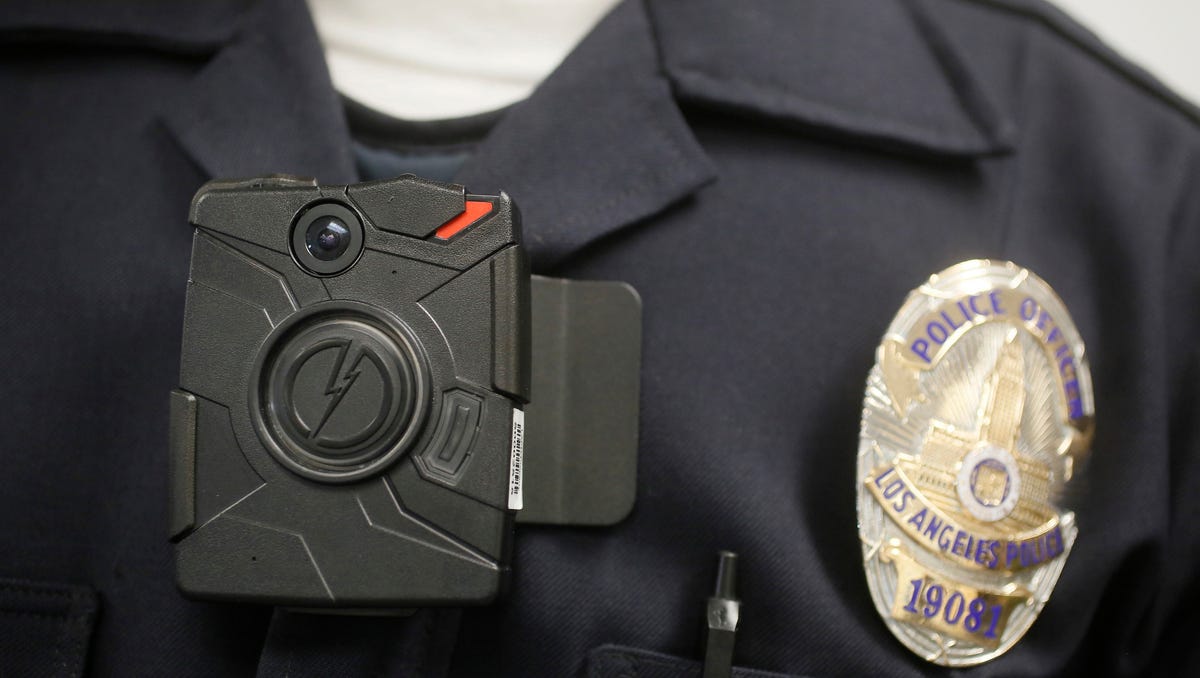 A Los Angeles Police officer wears an on-body camera