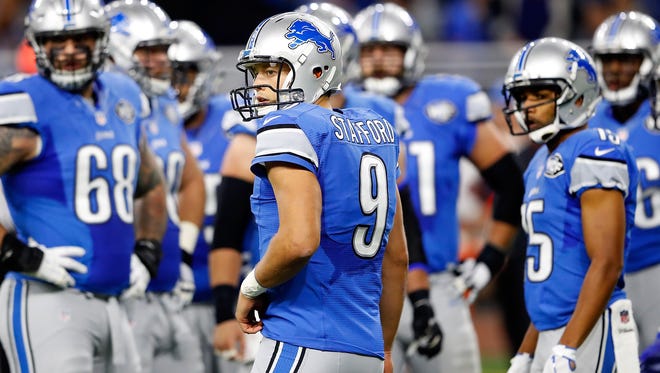 Quarterback Matthew Stafford of the Detroit Lions looks back to the bench against the Washington Redskins on Oct. 23, 2016, in Detroit.