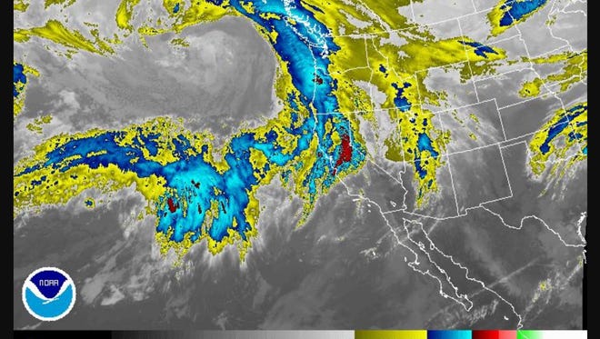 Satellite image of water vapor in an atmospheric river approaching the west coast of the U.S. on April 5, 2018.