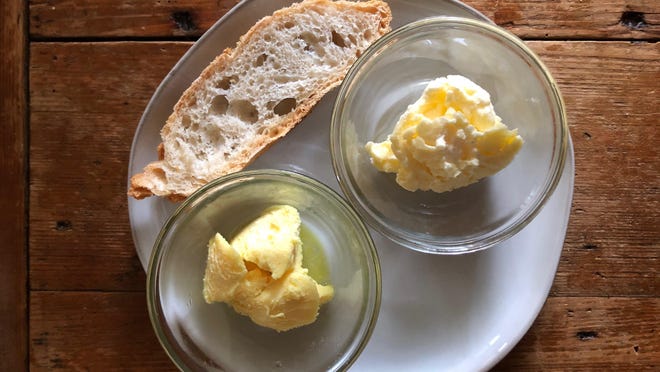 In a recent at-home taste test, a plant-based butter substitute, left, made from chickpea water, coconut oil and canola oil beat out homemade butter made with heavy whipping cream and salt.