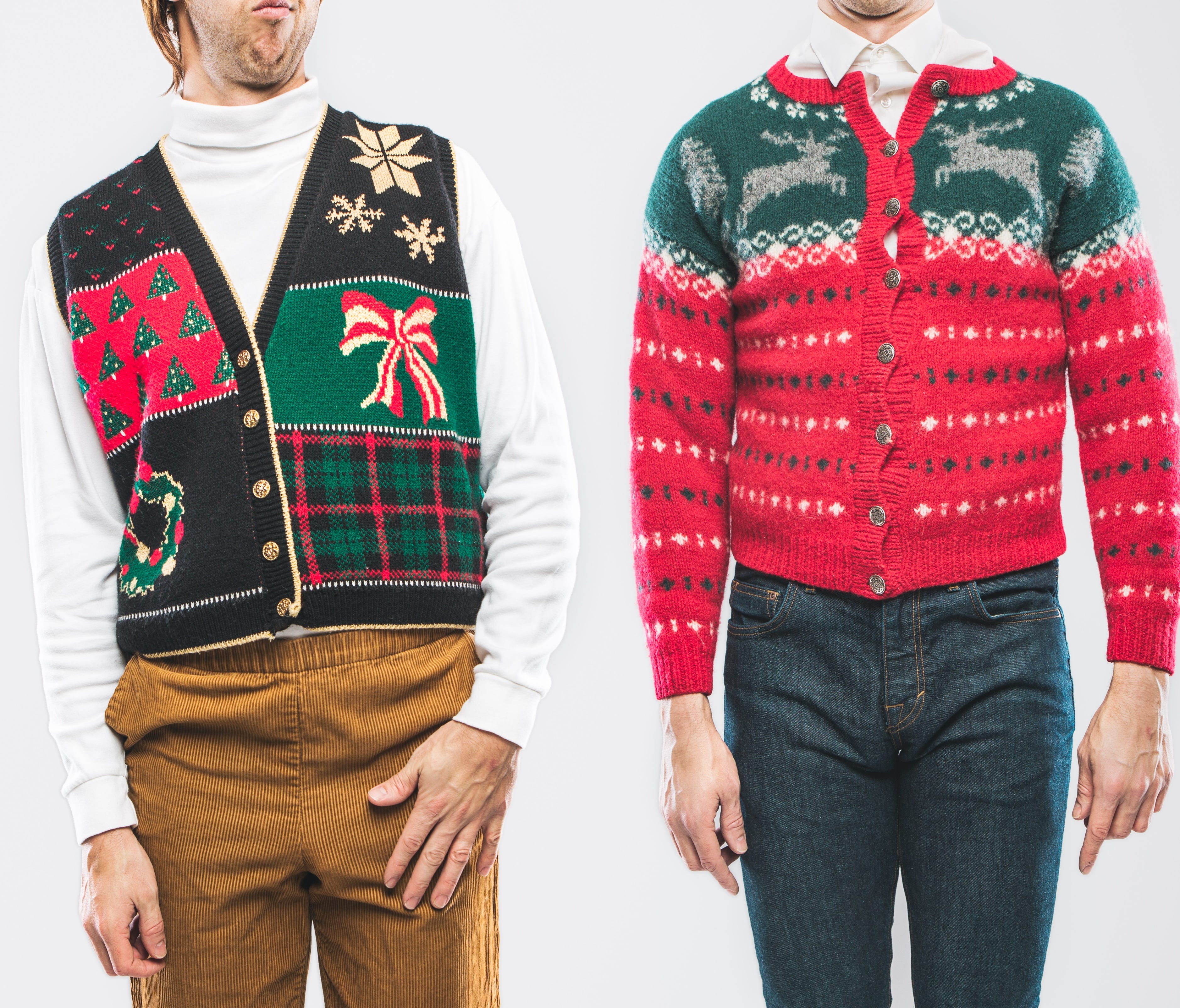 People wearing knit ugly Christmas sweaters and cardigans.