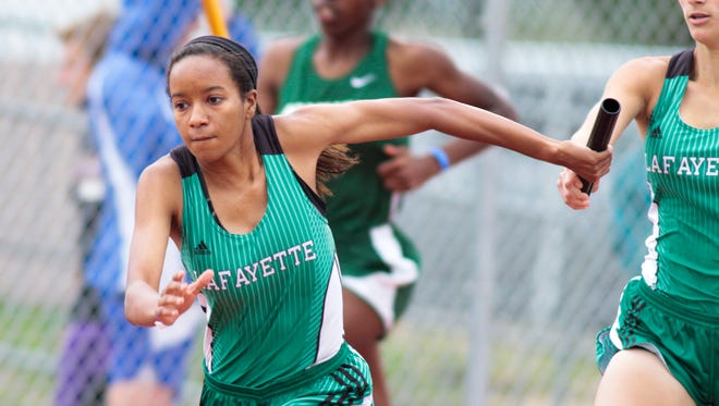 Lafayette High's Gentry Jacquet is part of the Lady Lions' two relay teams that have qualified for Friday's national championship meet in New York City.