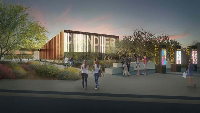 A rendering of the plaza of the Chandler Museum, designed by Weddle Gilmore Architects. Construction has begun on a long-awaited 20,000-square-foot space for the city's history museum.