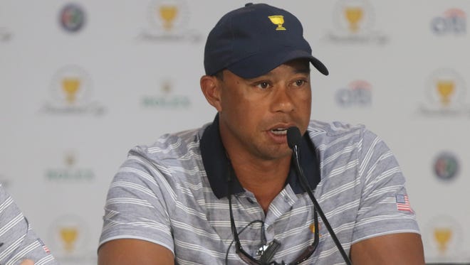 Tiger Woods during the captain's assistants press conference, Wednesday, Sept. 27, 2017.