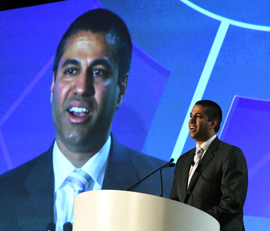 Federal Communications Commission Chairman Ajit Pai speaks during the 2017 NAB Show at the Las Vegas Convention Center on April 25, 2017 in Las Vegas, Nevada.