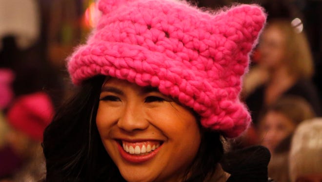 Krista Suh, co-creator of the pussyhat, wears one on Jan. 6, 2017 at The Little Knittery in Atwater Village, Calif.