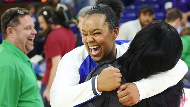 Florida Gulf Coast University women's basketball player China Dow celebrates the team’s 105-55 victory over Lipscomb on Wednesday, March 7, 2018, in the ASUN conference semi-final game at Alico Arena in Fort Myers. Dow scored 30 points and made a tournament record eight three point shots.