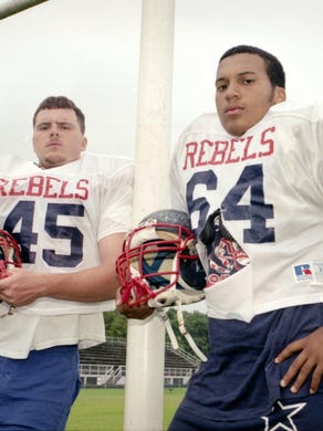 West High School football players Terry ÒTurboÓ Pate, left, and Ed Howell in August 1994.