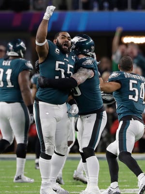 Eagles defensive end Brandon Graham celebrates after causing a fumble by Patriots quarterback Tom Brady late in the fourth quarter of Super Bowl LII, Feb. 4, 2018, in Minneapolis.