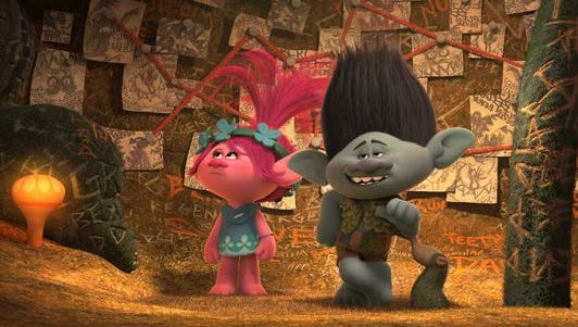 The overly cautious Branch (right, voiced by Justin Timberlake) shows off his Fear Bunker to Poppy (Anna Kendrick) in 'Trolls.'