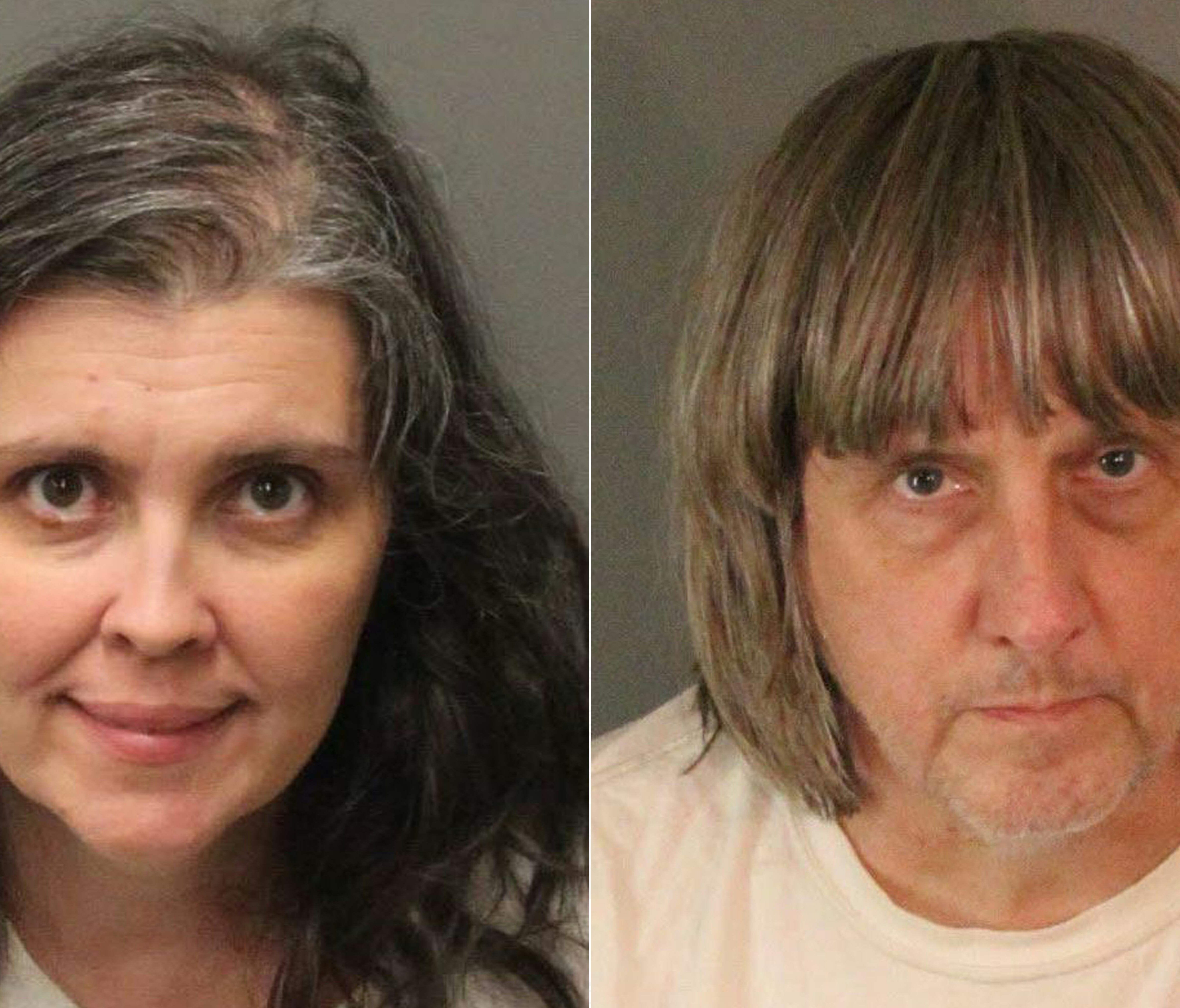 This combination of pictures created on January 15, 2018, shows booking photos from the Riverside County Sheriff's Department of David Allen Turpin (R), 57, and Louise Anna Turpin, 49.    The California couple have been arrested after authorities found