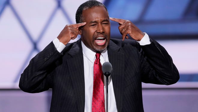 Dr. Ben Carson, former Republican Presidential Candidate, speaks Tuesday during the second day of the Republican National Convention in Cleveland. Carson used his convention speech to tie Hillary Clinton to left-wing organizer Saul Alinsky and then Alinsky to Lucifer.
