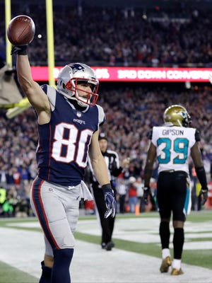 Patriots receiver Danny Amendola celebrates his touchdown catch against the Jaguars during the fourth quarter of the AFC championship game, Sunday, Jan. 21, 2018 in Foxborough, Mass.